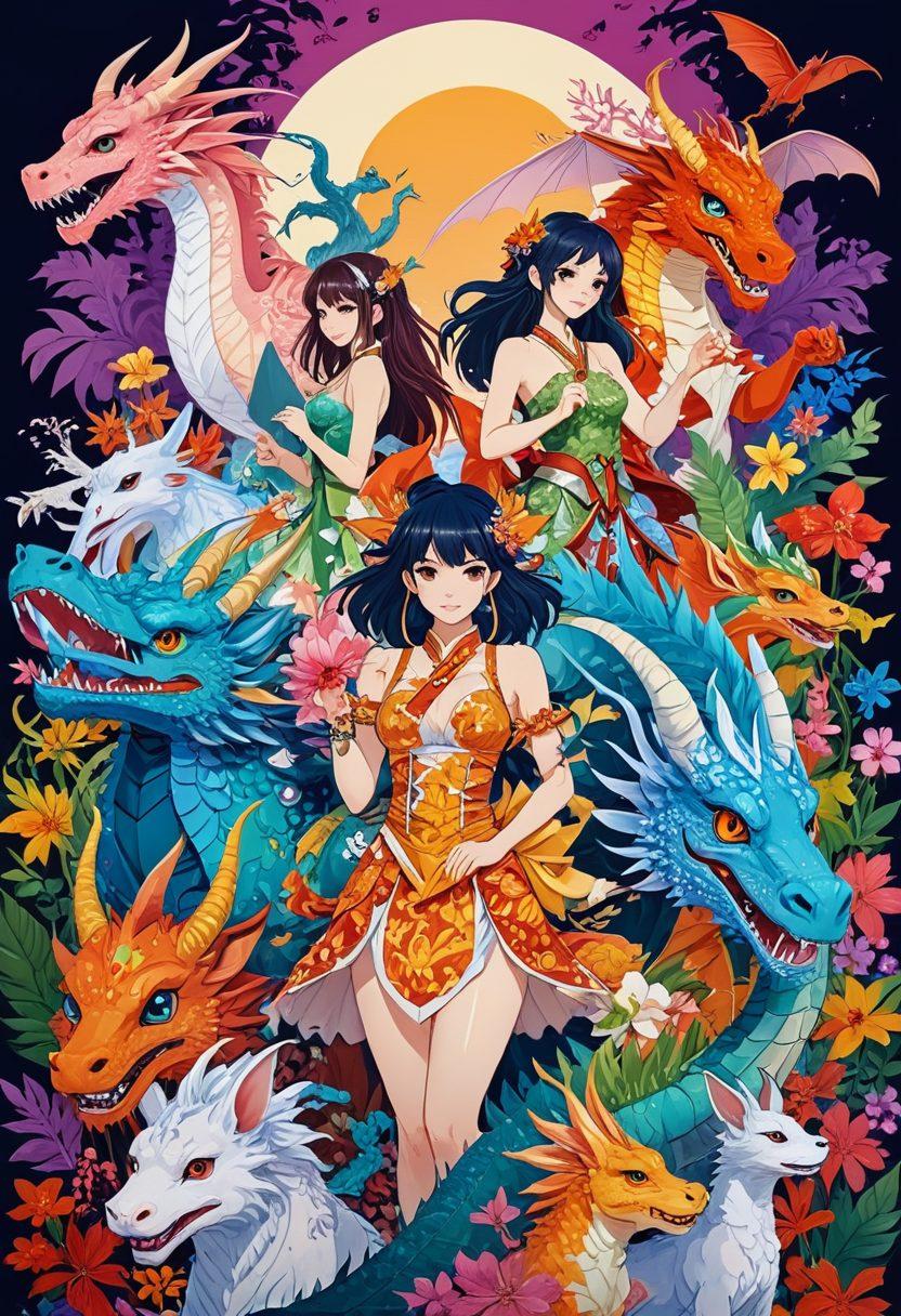 A colorful and engaging collage depicting various fan art styles of hentai, showcasing diverse characters celebrating their unique fetishes in a vibrant, whimsical setting. Incorporate elements like fantasy creatures and exaggerated expressions to highlight the playful nature of the community. Use a blend of digital art and traditional Japanese aesthetics to reflect the origins and evolution of the genre. super-realistic. vibrant colors. fantasy theme.